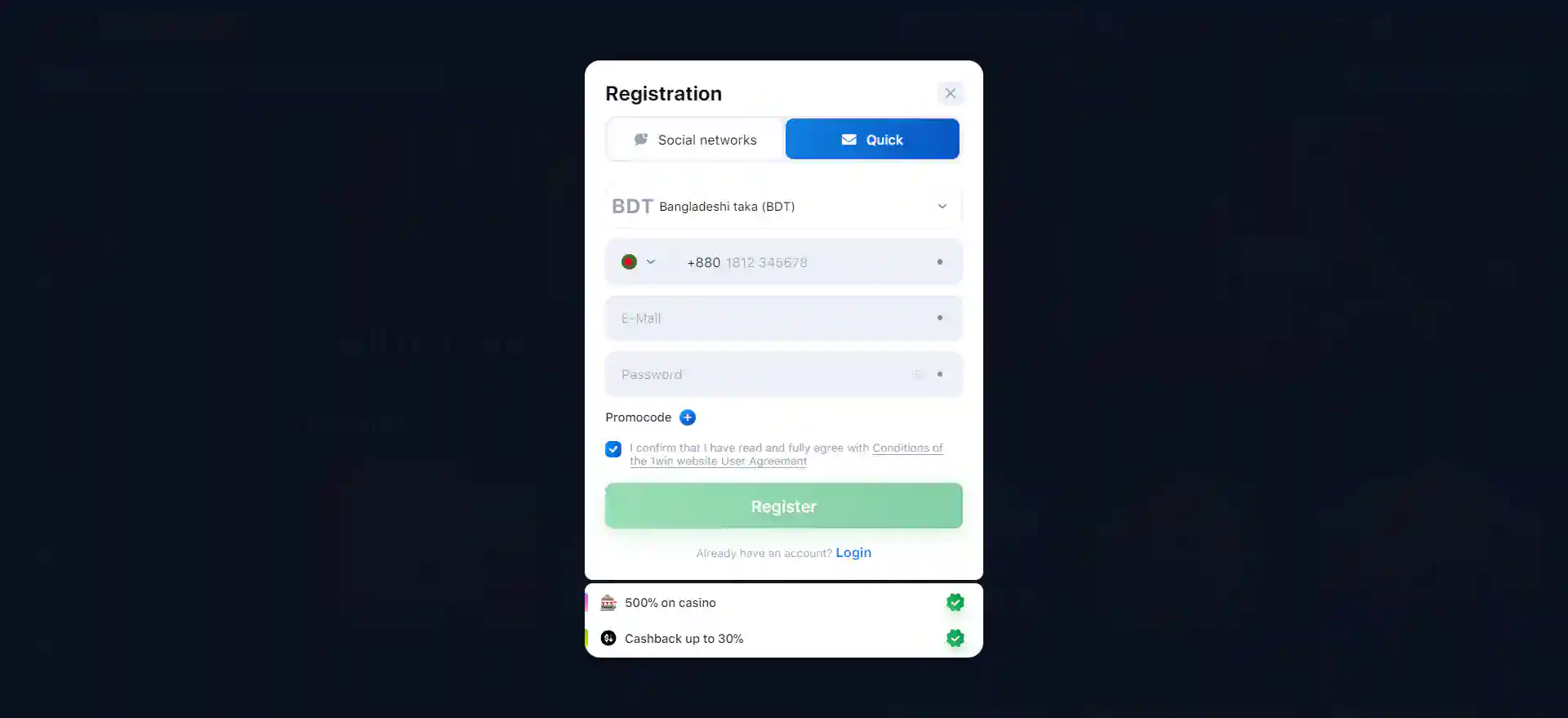 Process of 1win registration