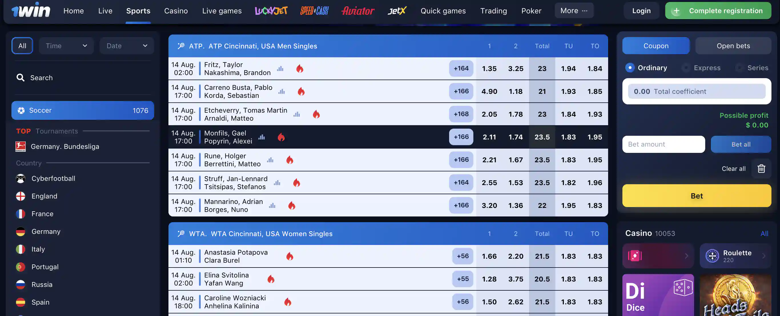 1win betting on popular sports